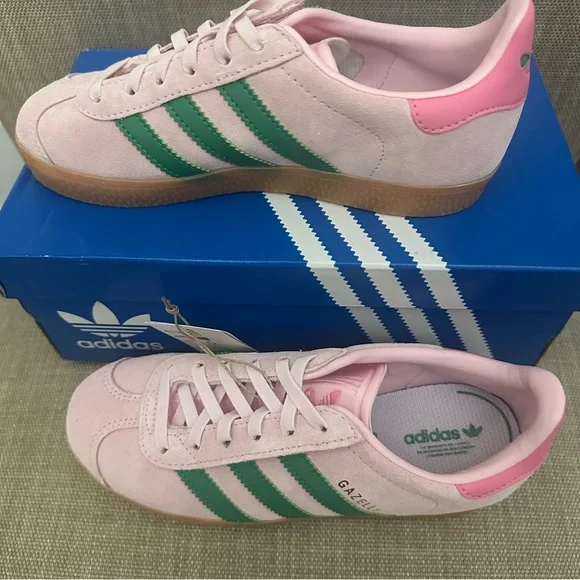 adidas | Shoes | Adidas Gazelle Pink With Green Stripes Youth Size Us 2 |  Poshmark